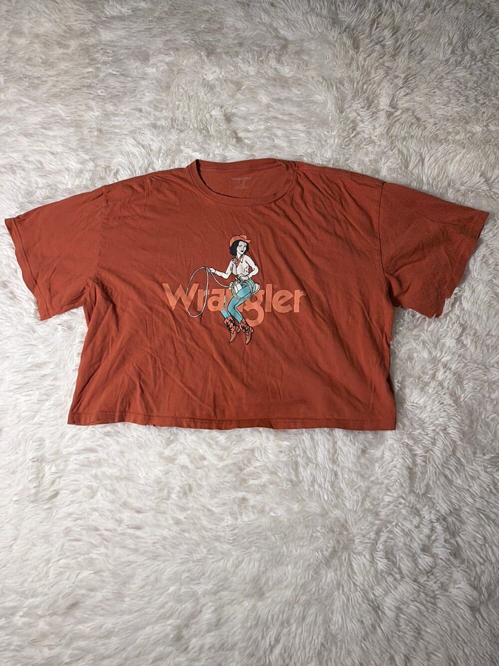 Wrangler Cowgirl Graphic Oversized Crop Top Burnt Orange Western Tee Women’s L